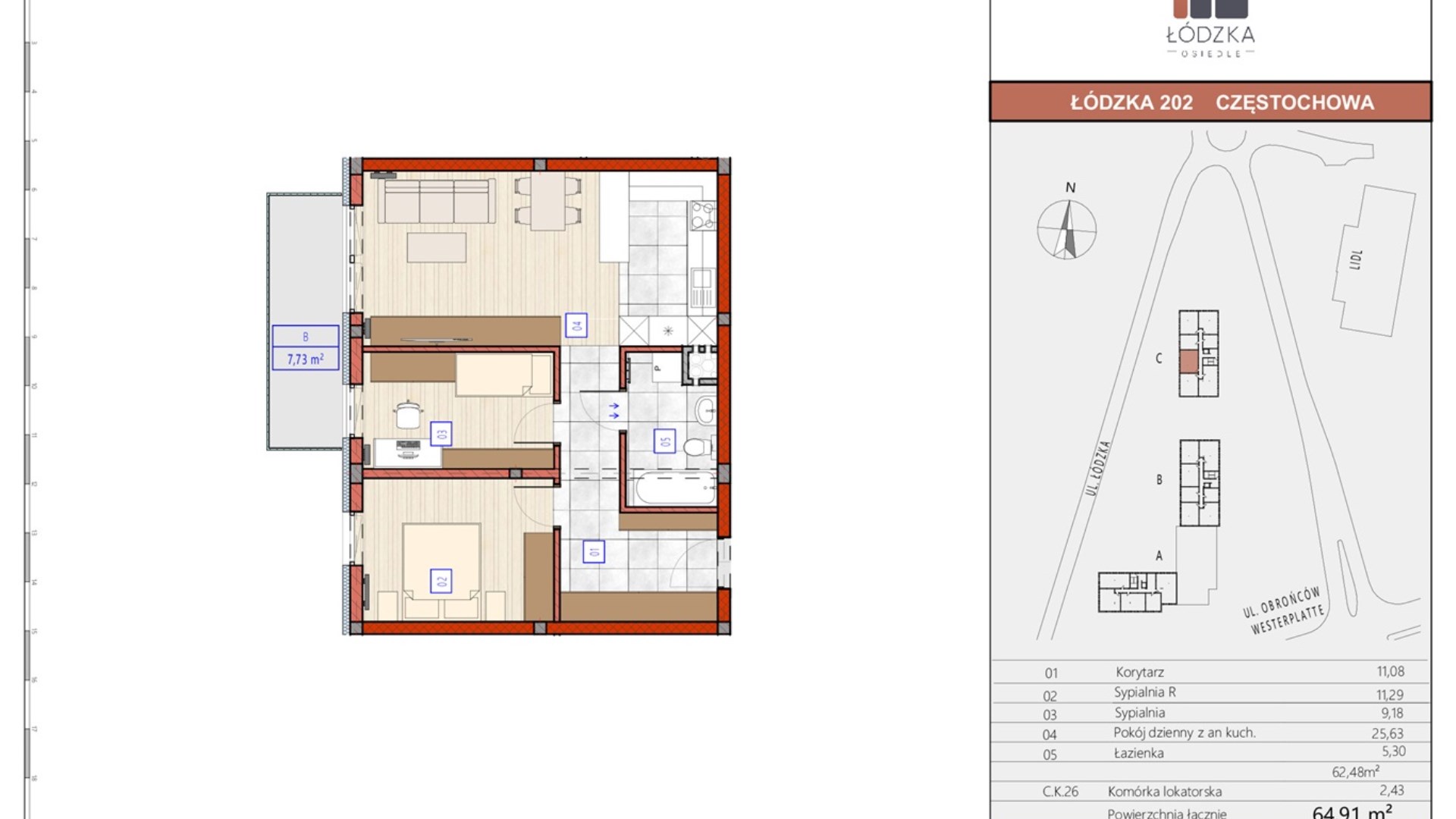 Mieszkanie  na sprzedaż Częstochowa, 3 pokoje, 62.48m², 5 piętro, oferta ZDPL-MS-145